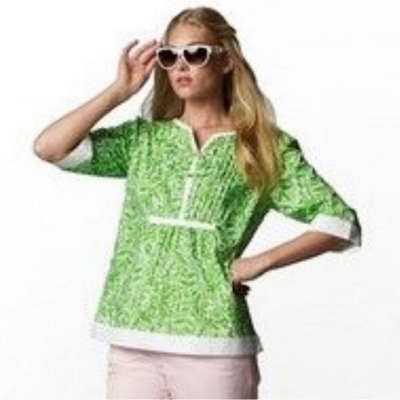 🦋Vintage Lilly Pulitzer Lime Leaf & Giraffe Print 3/4 Sleeve Tunic Top XSmall - Picture 1 of 13